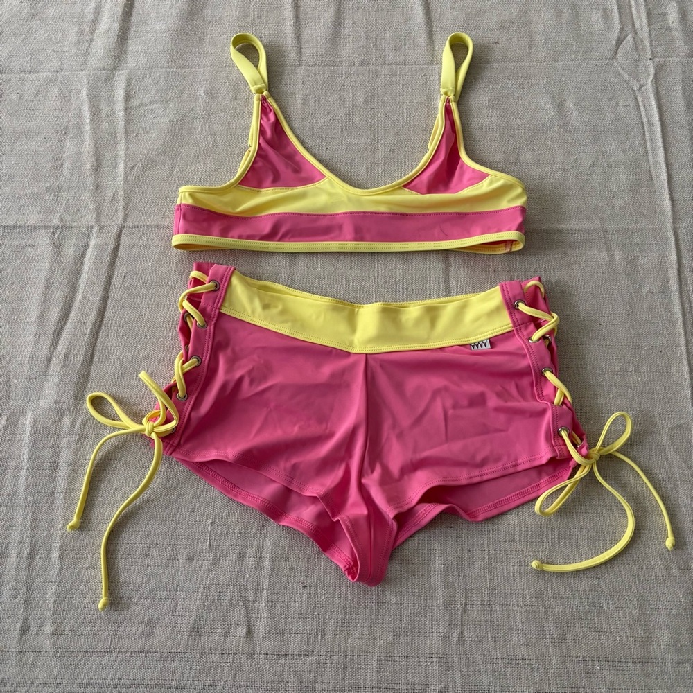 Wicked Weasel Cheeky Boy Shorts Bikini Set Pink Lace Up Sporty XS/S Swimsuit